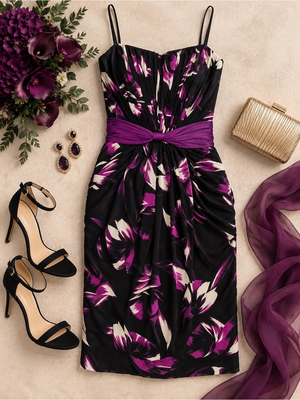 Badgley Mischka Black Purple Floral Cocktail Dress Silk NWT Size 4